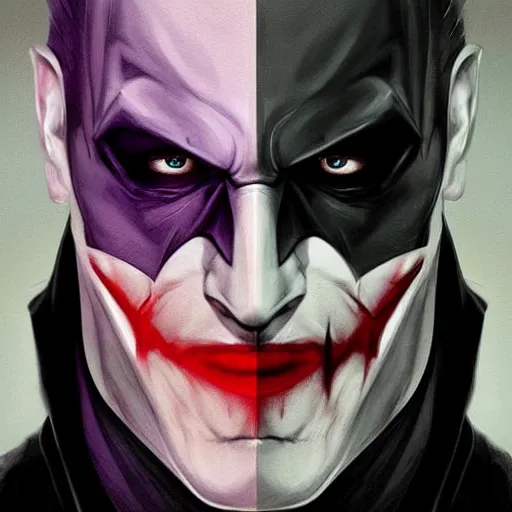 Prompt: half Batman half joker face, digital painting, amazing detail, artstation, cgsociety