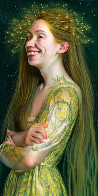 Image similar to a totally enraptured smiling young woman surrounded by golden firefly lights in a mesmerizing scene, sitting amidst nature fully covered, intricate detailed dress, long loose red hair, precise linework, accurate green eyes, small nose with freckles, smooth oval head, expressive emotions, hyper realistic ultrafine portrait by artemisia gentileschi, jessica rossier, artgerm