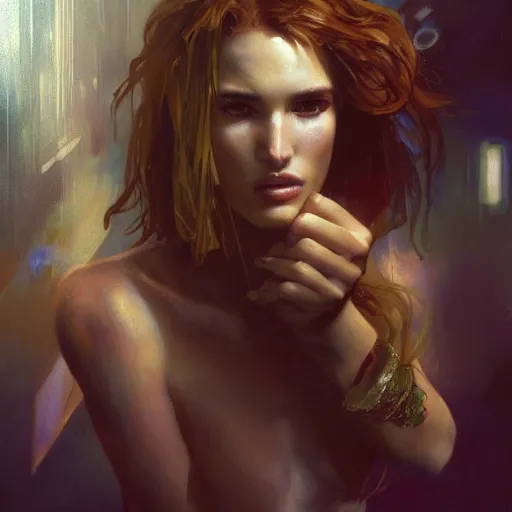 Prompt: full figure bella thorne, hyperrealistic portrait, bladerunner street, art of elysium by frank frazetta and jeremy mann and alphonse mucha, fantasy art, photo realistic, dynamic lighting, artstation, poster, volumetric lighting, very detailed face, 4 k, award winning