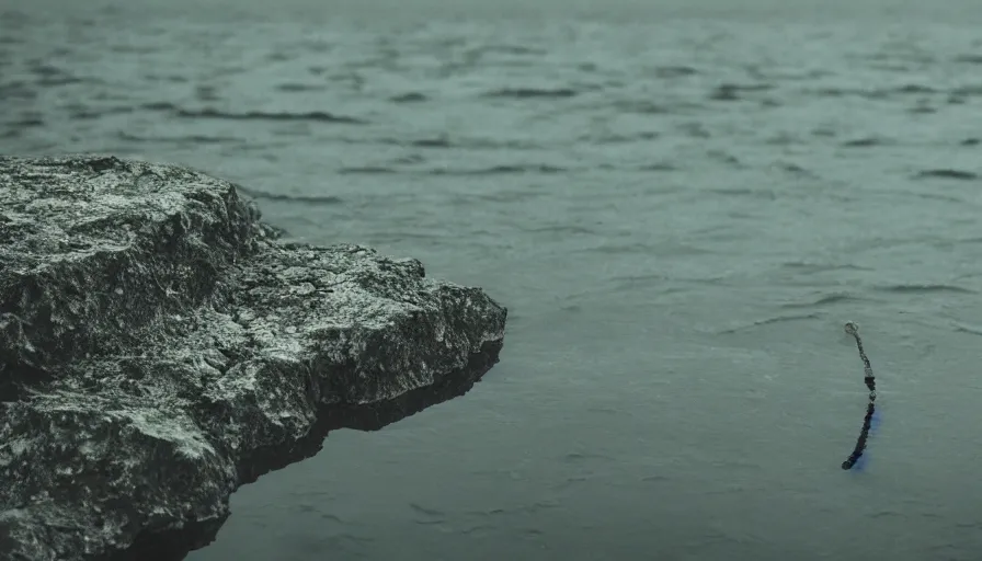 Image similar to photo of a rope on the surface of water, in the middle of a lake, overcast day, rocky foreground, 2 4 mm leica anamorphic lens, moody scene, stunning composition, hyper detailed, color kodak film stock