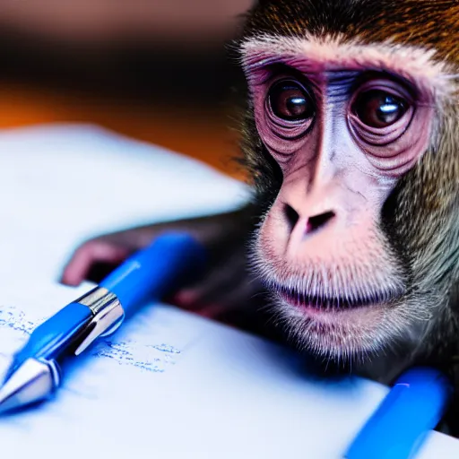 Image similar to photograph of a monkey holding a blue pen towards the camera, 4 k, full hd, highly detailed