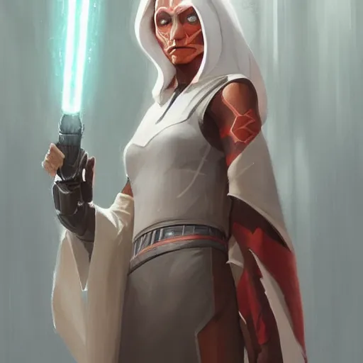 Image similar to portrait of a Ahsoka Tano by Greg Rutkowski, she is about 60 years old, wearing white robes, Star Wars Expanded Universe, highly detailed portrait, digital painting, artstation, concept art, smooth, sharp foccus ilustration, Artstation HQ