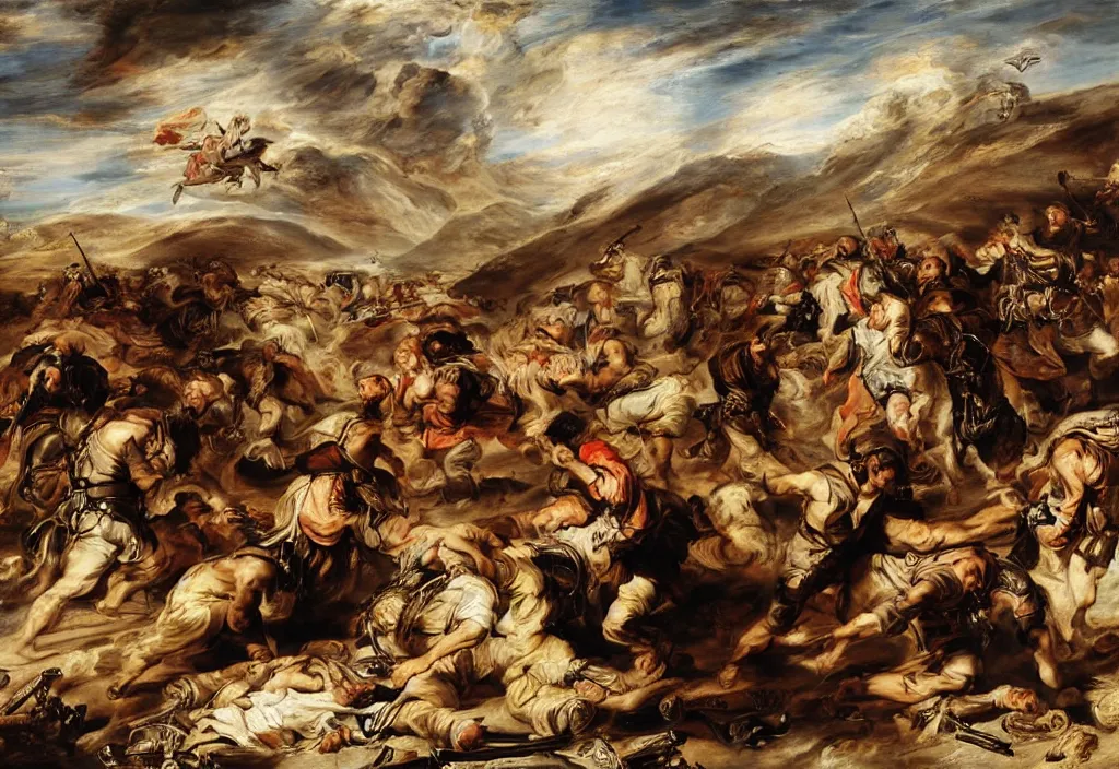 Image similar to afghanistan war by peter paul rubens, desert, battlefield, bombs