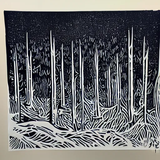 Prompt: winter forest, reaction diffusion linocut