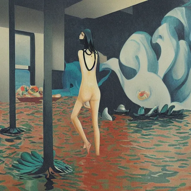 Prompt: tall female emo artist in her flooded kitchen, water gushing from ceiling, painting of flood waters inside an artist's home, a river flooding indoors, pomegranates, pigs, ikebana, zen, water, octopus, river, rapids, waterfall, black swans, canoe, berries, acrylic on canvas, surrealist, by magritte and monet