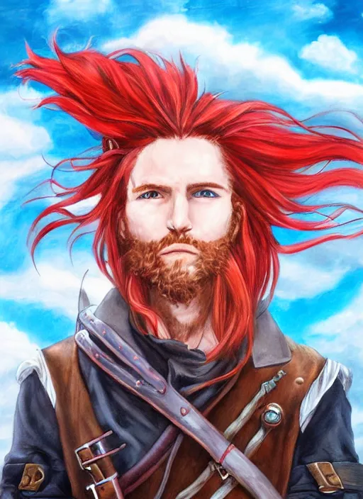 Prompt: epic fantasy portrait painting of a long haired, red headed male sky - pirate in front of an airship in the style of the full metal alchemist anime