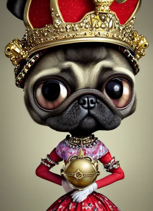 Image similar to highly detailed closeup, profile portrait of a tin toy goth anthro pug princess wearing a crown, unreal engine, nicoletta ceccoli, mark ryden, earl norem, lostfish, global illumination, detailed and intricate environment