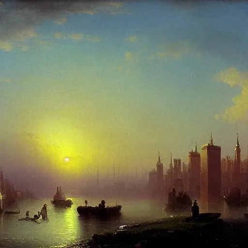 Image similar to a sunset overlooking a utopian city, by ivan aivazovsky