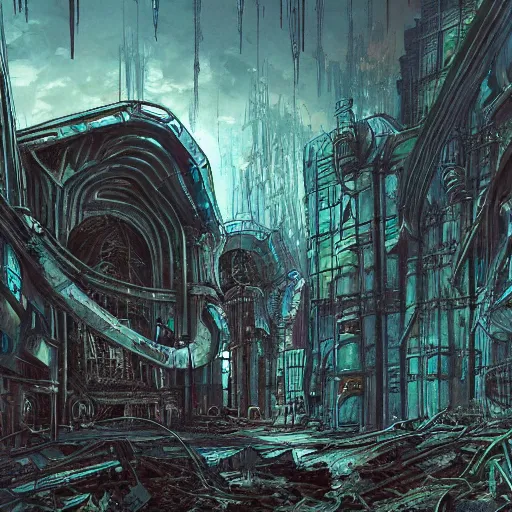 Prompt: abandoned ruined futuristic mega city, gothic art, color, detailed, eerie, emotional, sad, highly detailed, sharp focus, motherboard, Artstation, deviantart, artgem, golden ratio, n the style of Heavy Metal Comics