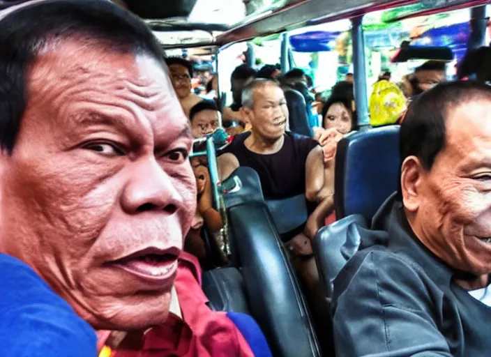 Prompt: rodrigo duterte and thanos riding a jeepney, real life photograph, award winning photograph, 4 k