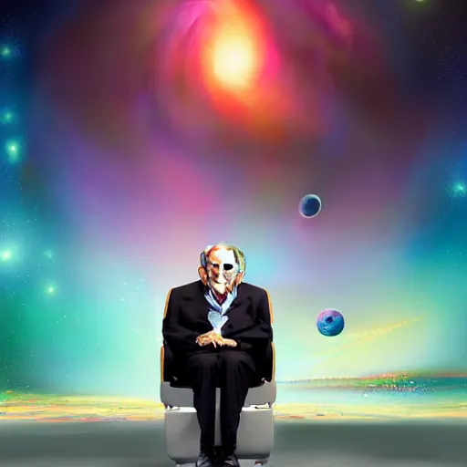 Prompt: stephen hawking with space in the background, universe, galaxies, planets, black hole, by wlop and ross tran, colorful