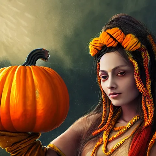 Prompt: A beautiful portrait of a pretty Nepali witch holding a pumpkin, vibrant color scheme, highly detailed, in the style of romanticism, cinematic, character portrait, epic fantasy, 3d with depth of field, blurred background, female, nautilus. A highly detailed epic cinematic concept art CG render. made in Maya, Blender and Photoshop, octane render, excellent composition, cinematic dystopian brutalist atmosphere, dynamic dramatic cinematic lighting, aesthetic, stylized, very inspirational. Golden hour. detailed. hq. realistic. warm light. muted colors. Moody. Filmic. Dreamy.
