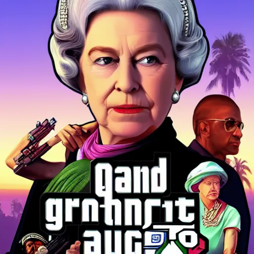 Prompt: The Queen of England in Grand Theft Auto 5 cover art, 4k, extremely detailed, digital art, vibrant,