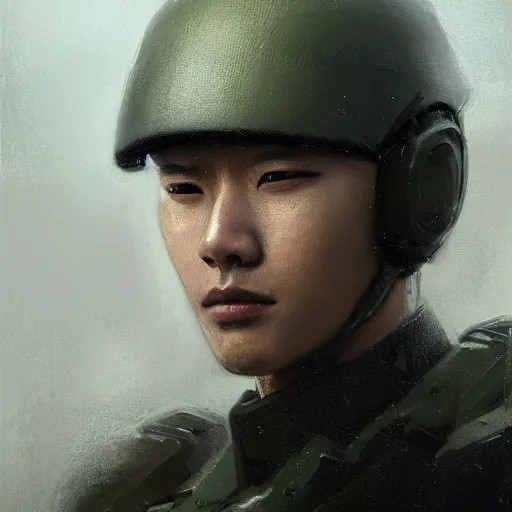 Image similar to Portrait of a man by Greg Rutkowski, he is about 20 years old, korean, short black hair, young, manly, attractive, tall and slim, smart looking, he is wearing futuristic military fatigues, highly detailed portrait, scifi, digital painting, artstation, concept art, smooth, sharp foccus ilustration, Artstation HQ