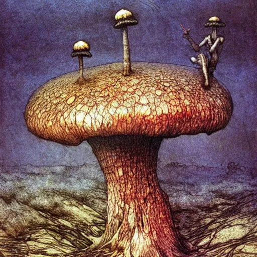 Image similar to strange mushroom by beksinski, luis royo and arthur rackham