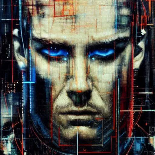 Prompt: hyperrealistic portrait of a cyberpunk man in cyberspace, by Guy Denning, Johannes Itten, Russ Mills, hacking effects, detailed eyes, detailed lines, color blocking!, acrylic on canvas, insane detail, intricate, front view, symmetrical, octane, concept art, abstract, artistic, 8k, cinematic, trending on artstation