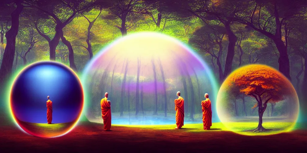 Prompt: neurograph, very very beautiful landscape, an echo a rainbow and a dream, monks praying in a temple forest through a spherical lens, surrealism, intricate, elegant, highly detailed, digital painting, trending on artstation, concept art, sharp focus, by rene magritte, moebius, wide shot