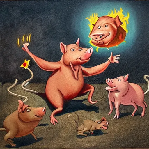 Image similar to an odd painting of a giant hog man summoning a mini devil pig while a rat army runs away