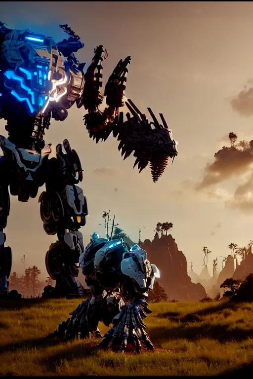 Image similar to a cinematic still from horizon zero dawn and pacific rim and westworld, full body mech, armored core, intact humanoid servo, octane render, nvidia raytracing demo, masterpiece, aged armor plating, decipticon armor plating, aggressive head, endoekeleton exposure