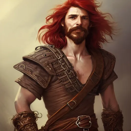 Image similar to portrait of a young ruggedly handsome but joyful pirate, male, masculine, upper body, red hair, waist long hair, d & d, fantasy, intricate, elegant, highly detailed, digital painting, artstation, concept art, matte, sharp focus, illustration, art by artgerm and greg rutkowski and alphonse mucha