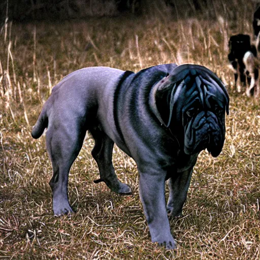 Image similar to film still of the 1 9 9 9 tv show'dog the bounter hunter '. a tv show about a mastiff dog that hunts criminals. sigma 8 5 mm f / 8