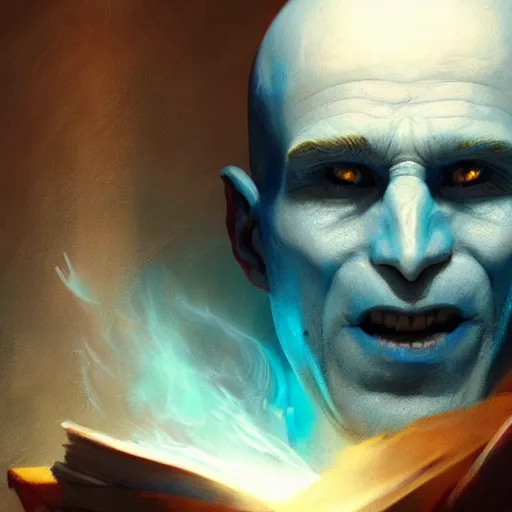 Image similar to a wizard young bald with no beard with blue skin with the nose of Voldemort, casting a powerful spell, painted by Greg Rutkowski, trending on ArtStation