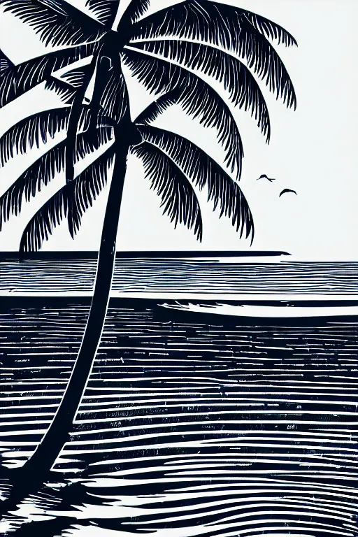 Image similar to a beautiful linocut print on paper of a beach with coconut palms 8 k, frostbite 3 engine, cryengine, dof, trending on artstation, digital art, crepuscular ray