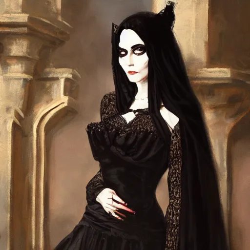 Prompt: a gothic woman at a royal party, oil painting, ultradetailed, artstation, ultradetailed, digital painting, ultradetailed