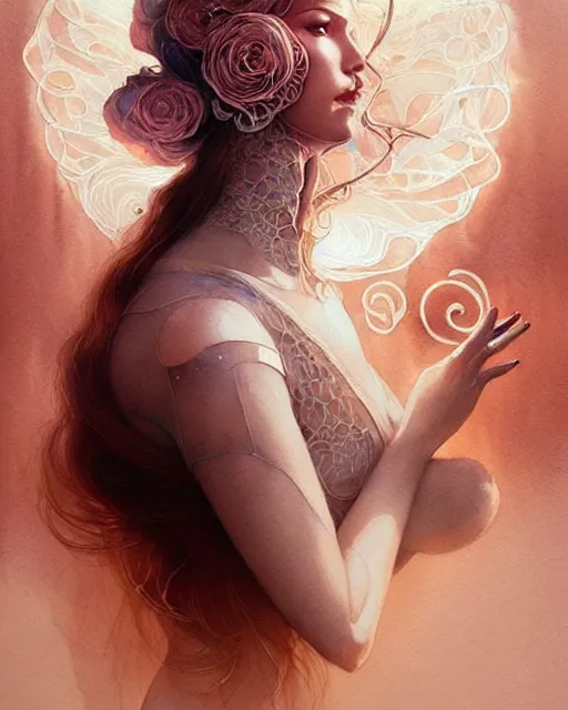 Prompt: Rose Gold intricate lace smoke portrait, geometric watercolor art by peter mohrbacher and artgerm, radiant halo of light