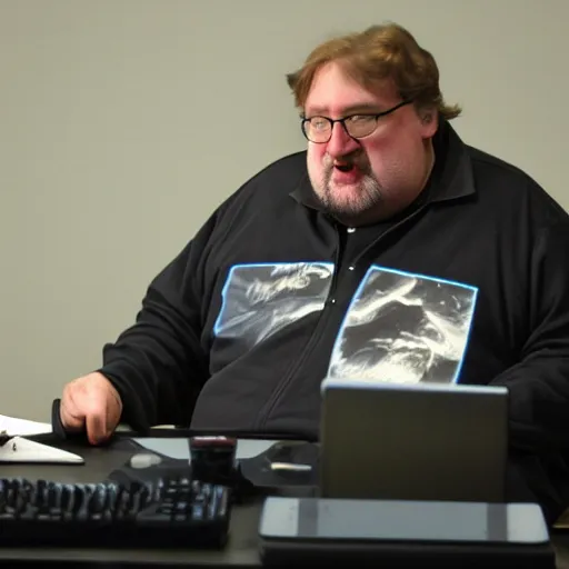 Prompt: gabe newell at a desk
