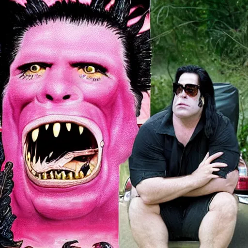 Image similar to crocodile driving a pink cadillac took the wrong exit of the 4 0 5, glenn danzig is hitchhiking on the side of the road, in the style of hieronymus bosch