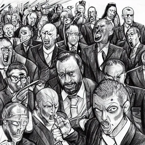 Image similar to highly detailed realistic sketch of UN members in suits yelling at a cyborg samurai, fear and anger in their eyes, colored , award winning , masterpiece on a scroll , post-processing