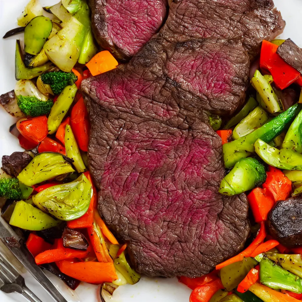 Image similar to a plate of perfectly cooked wagyu steak and vegetables