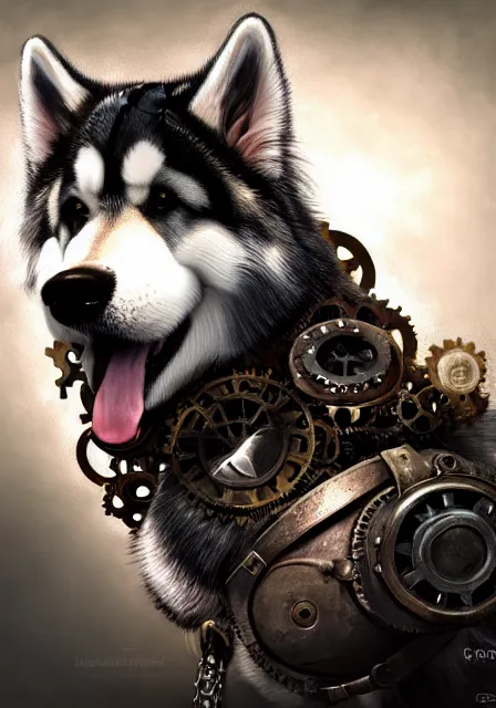 Prompt: hyper realistic ultra - detailed portrait of alaskan malamute face, wearing steampunk hat with goggles and gears, upper body, detective coat, sharp focus, illustration, fantasy style, octane render, concept art, smooth, volumetric lighting, 8 k high definition, intricate, wide shot, by greg rutkowski, highly detailed, trending on art station