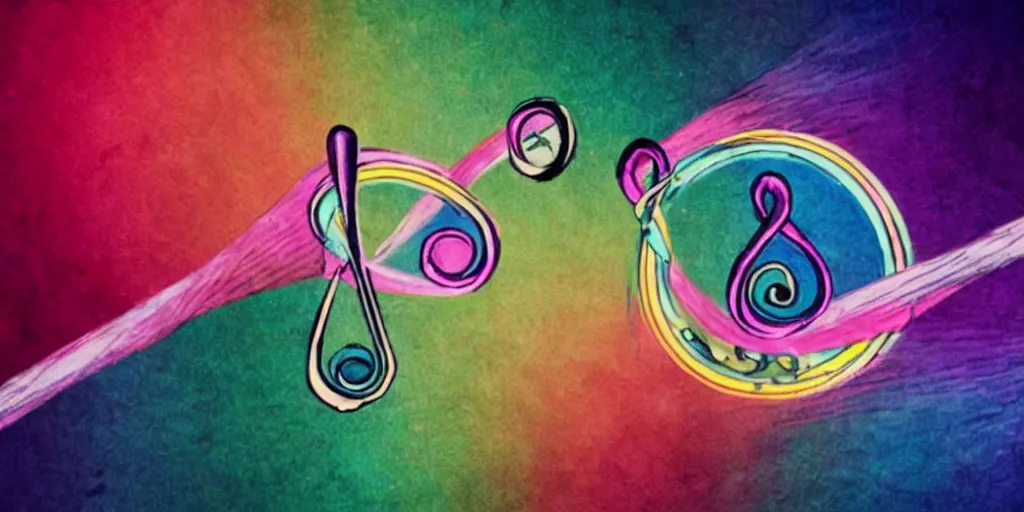 Prompt: a treble clef staff of complex musical notes and orchestral notation flowing from a prism pastel rainbow, comic book panel background, pink and grey muted colors, faded grey muted pastel colors, in the style of Pink Floyd Dark Side of the Moon