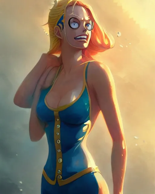 Prompt: margot robbie in one piece as nami, medium shot close up, details, sharp focus, illustration, by jordan grimmer and greg rutkowski, trending artstation, pixiv, digital art