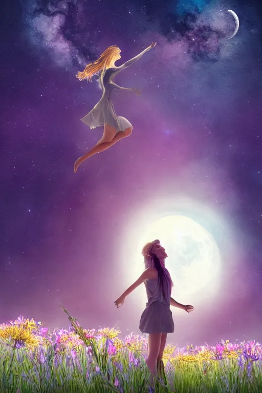 Image similar to breathtaking beautiful mystical illustration of a girl standing in a field of wild flowers gazing up at night sky, stars and milky way and moon, extreme foreshortening, bottom - up perspective, by akageno saru and thomke meyer and julia plath, trending on artstation and tumblr