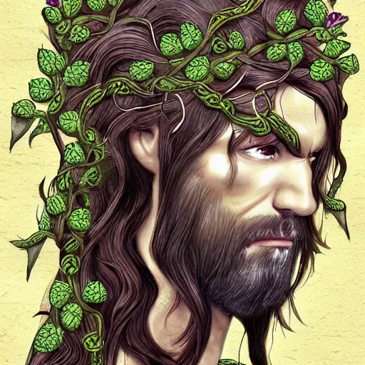 Prompt: male firblog druid with vines as hair flower in his hair detailed fantasy digital art