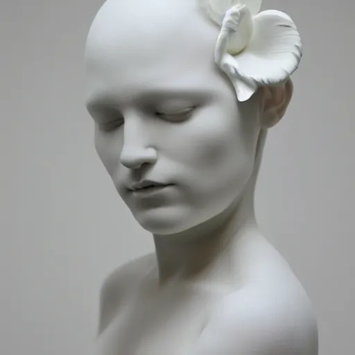 Prompt: female porcelain sculpture by daniel arsham and raoul marks, smooth, full head, all white features on a white background, detailed white 3 d giant poppies on the head