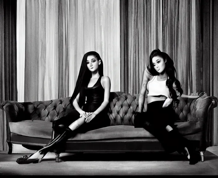 Image similar to award winning photo of Ariana Grande together with Megan Fox sitting on a chesterfield lounge, symmetrical face, wide shot by Sally Mann & Arnold Newman,