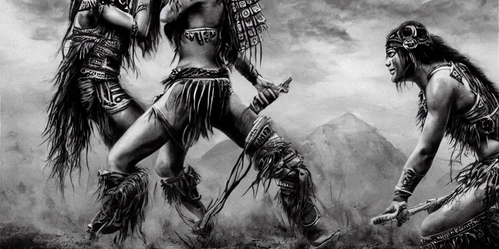 Image similar to movie, beautiful distanced aztec warrior females runs into each other, epic, vintage, black and white, Boris vallejo, sepia, apocalypto