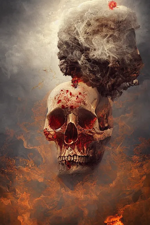 Prompt: immaculate painting of A Beautiful fine detailed gold and red and black huge skull floating in smoke over desolated wastelands, an iIlusion by erik johansson micro detailing