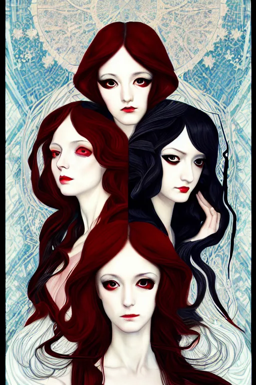 Image similar to 3 winter muses, triad of december, january and february, style mix of æon flux, shepard fairey, botticelli, john singer sargent, pre - raphaelites, shoujo manga, harajuku fashion, stark landscape, muted dark colors, superfine inklines, ethereal, 4 k photorealistic, arnold render