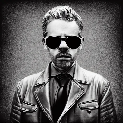 Prompt: Portrait of golden retriever wearing shirt and tie, leather jacket on top, metal framed wellington glasses, photo by Lee Jeffries, high contrast, dramatic, vector art