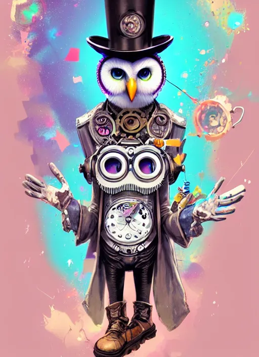 Image similar to anthropomorphic wise wealthy white - owl travels through time via steampunk portals, pixiv fanbox, dramatic lighting, maximalist pastel color palette, splatter paint, pixar and disney exploded - view drawing, graphic novel by fiona staples and dustin nguyen, peter elson, alan bean, wangechi mutu, clean cel shaded vector art, trending on artstation