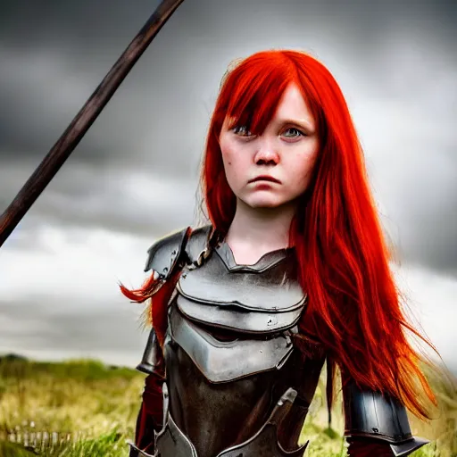 Image similar to north girl, warrior, red hair, fantasy, high detailed, photography, cloudy, lightweight armor, Scandinavia, plain, Authentic, detailed face, spear in hand