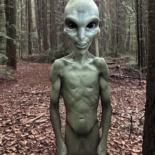 Image similar to trail cam photo of a grey alien in a forest