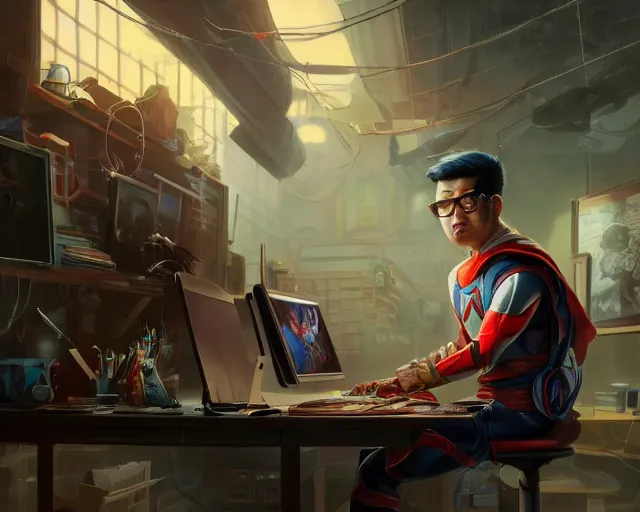 Image similar to an insanely detailed painting of a nerdy asian man wearing a superhero costume, sitting at a desk, staring at the nervously at the computer and typing, in the style of peter mohrbacher, dramatic lighting and composition, octane render, pixar, trending on artstation, concept art, comic book, view from behind