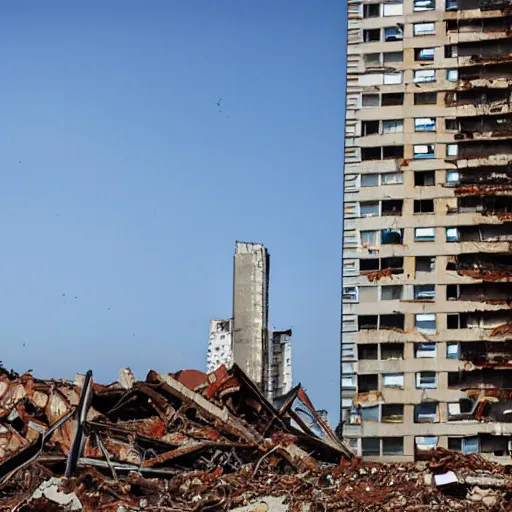 Prompt: tower block collapsed, rescue dog, photo realistic, rule of thirds