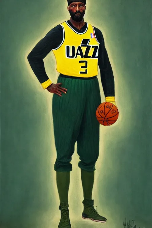 Image similar to full body portrait of the dictator of the nba utah jazz, 1 8 8 9, in full military garb, navy, green, yellow, oil on canvas by william sidney mount, trending on artstation